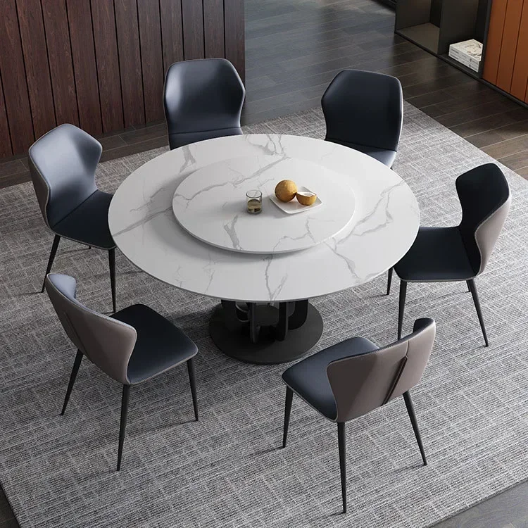 modern round dining table set 6 8 seater carbon steel stone top dining room restaurant 4 chairs kitchen furniture with Turntable