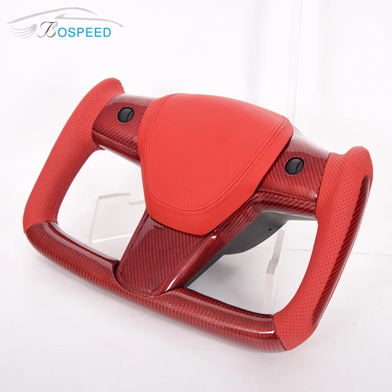 

Custom Car Steering Wheel For Tesla Model 3 & Y Yoke Plaid Red Carbon Fiber Perforated Leather Hot Sale 2018 2019 2020 2021