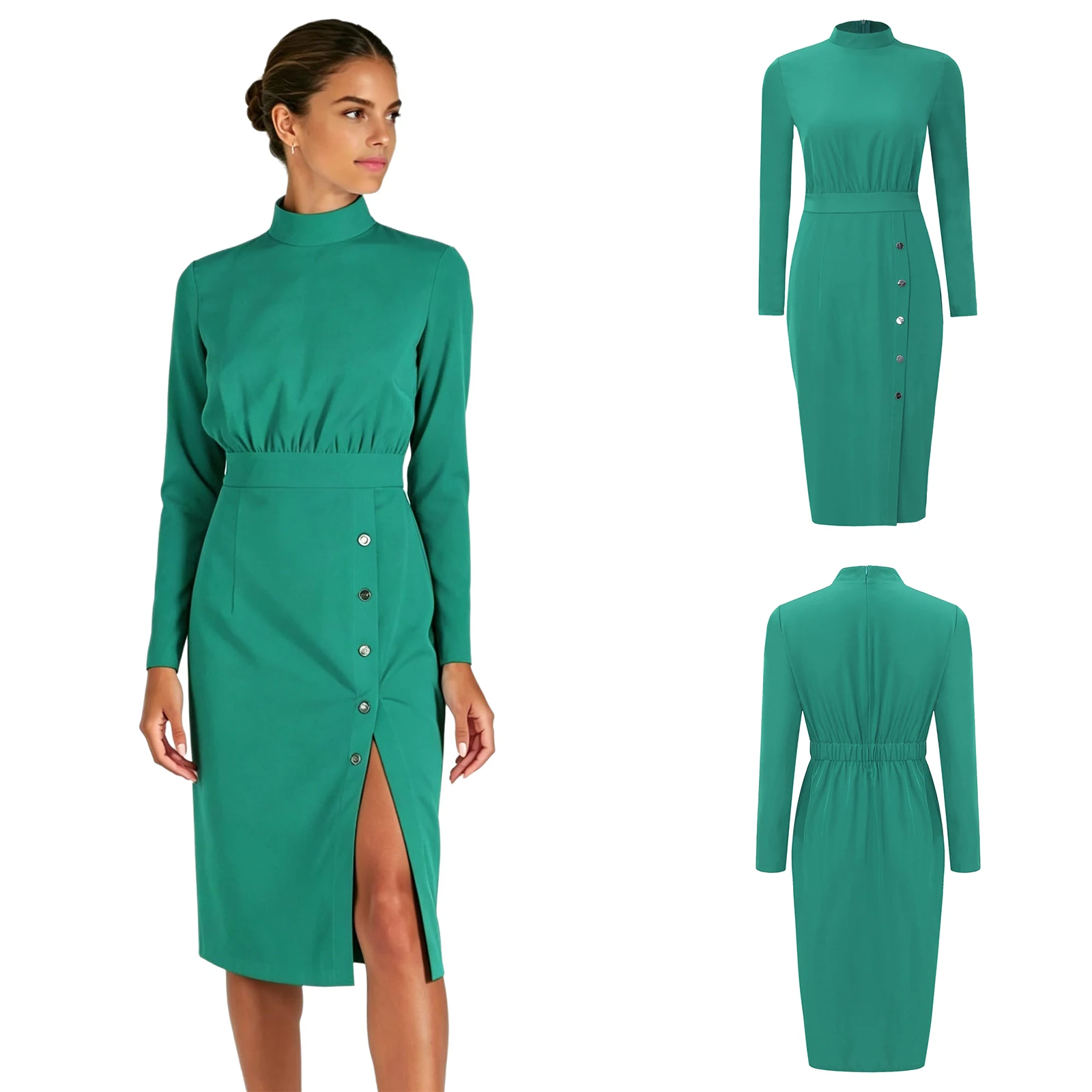 

Women Nurse Doctor Esthetician Scrub Dress Workwear Long Sleeve Zipper Elastic Waist Button Dresses with Pockets Medical Uniform