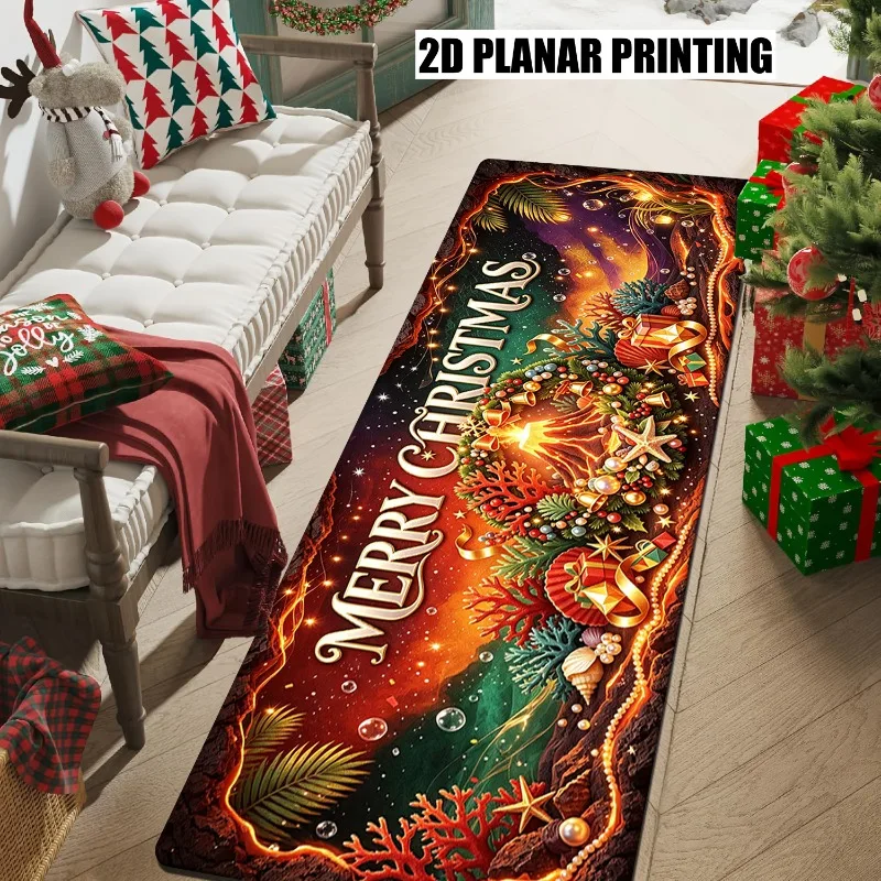 Fashion Printed Christmas Long Runner Rug Ocean Coral Shell Merry Xmas Text Print Carpet Indoor Floor Rug for Western Festive