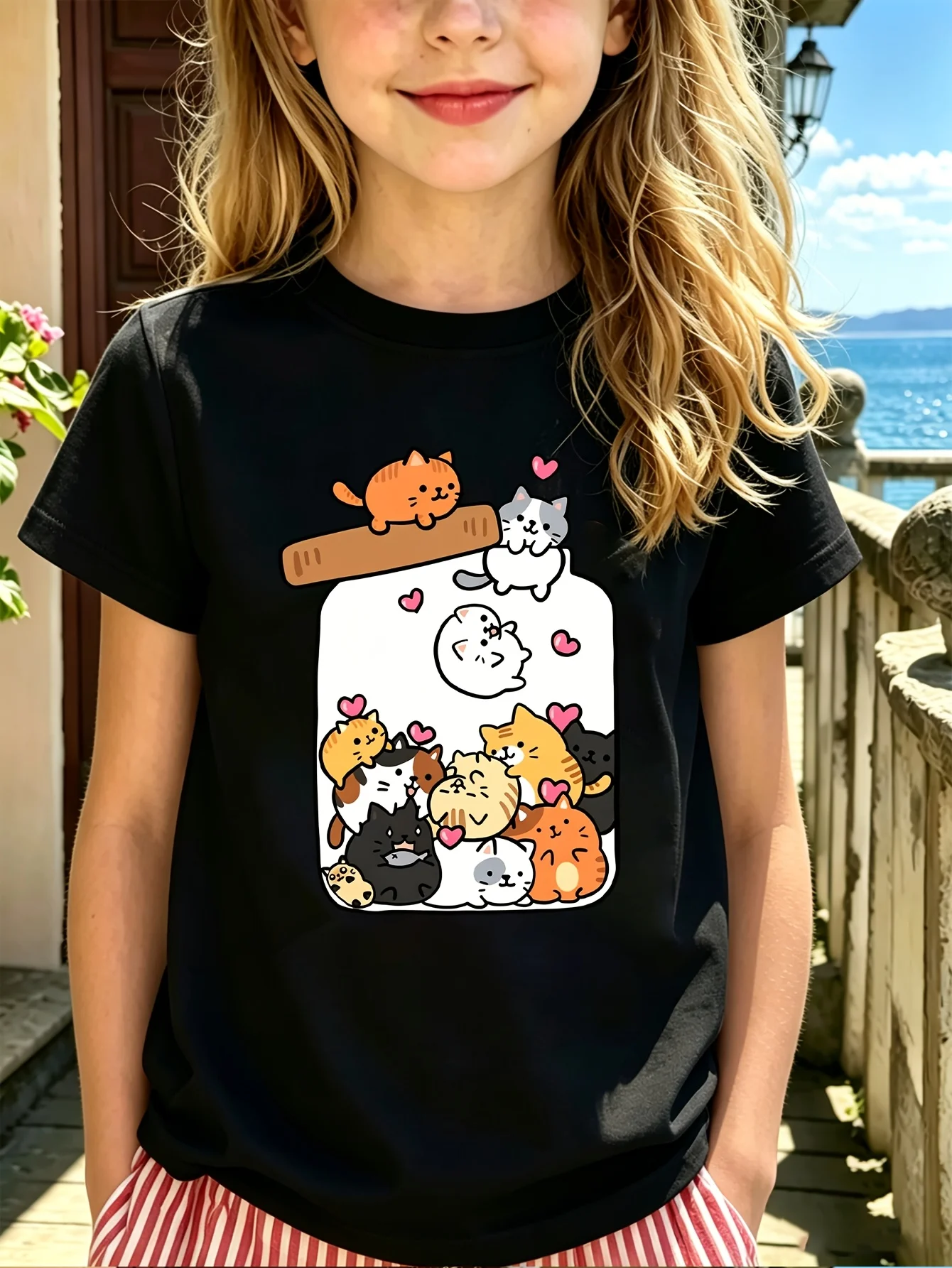 Kids Family Matching T Shirt Kittens In Jar Heart Cartoon Print Short Sleeve Cotton Tops For Boys Girls Daily Casual Outfit