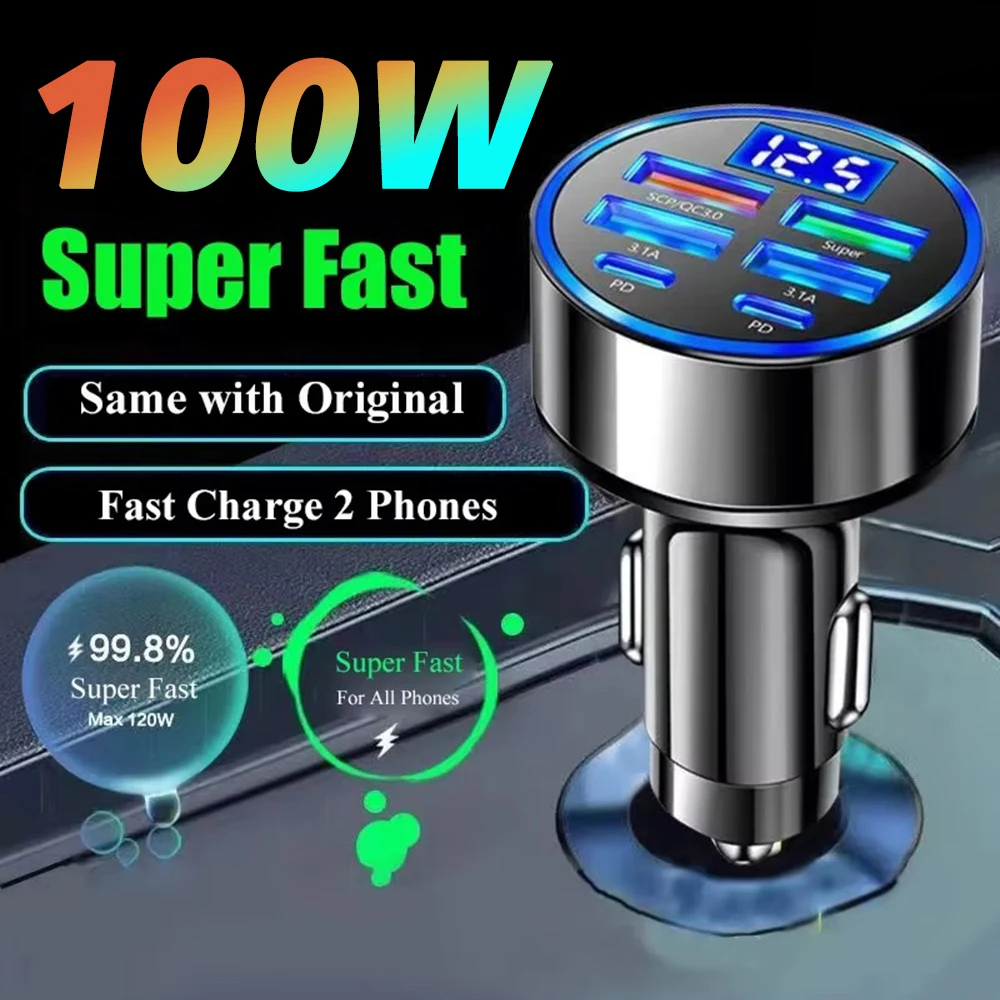 6 Ports 100W Car Charger Fast Charging PD QC3.0 USB C Car Phone Charger Type C Adapter in Car For iPhone Samsung Huawei Xiaomi