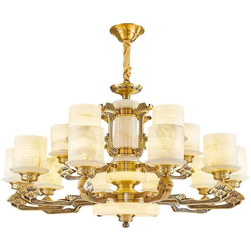 New Chinese Style Solid Copper Natural Jade Chandelier Modern Simple Pendant Light for Living Room Dining Hall Villa Decor