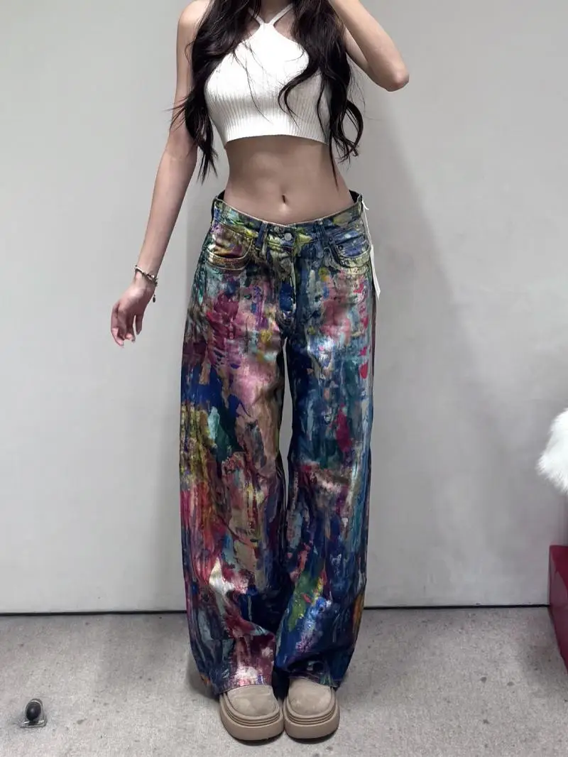 

Джинсы женские летние удлиненные с высокой талией, свободного кроя, в американском стиле, с 3D-принтом под масляную живопись, с эффектом потертости, для создания эффекта стройных ног