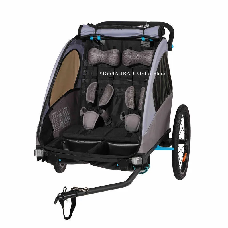 3-in-1 Double Seats Bicycle Trailer, Kids Jogger Stroller, Twins Bike Trailer Converts to Baby Carriage