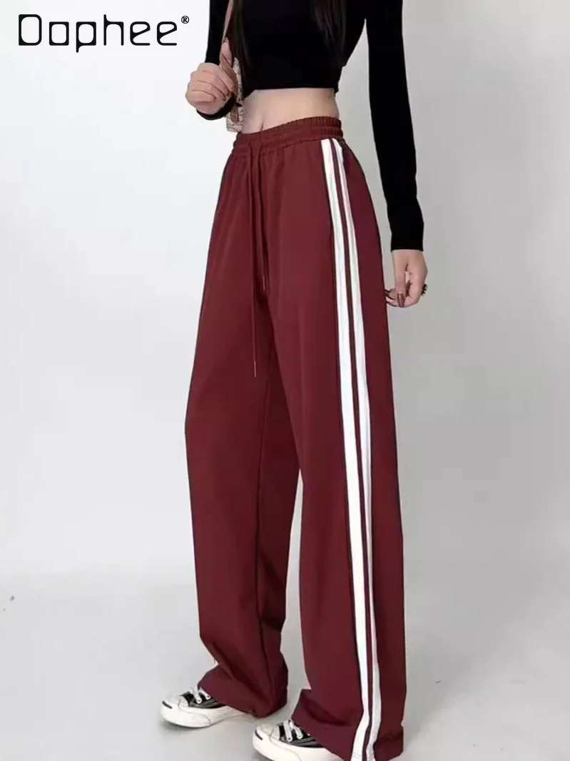 

High Waist Contrasting Color Straight Wide Leg Pants Women 2024 Autumn Elastic Waist Drawstring Extended Casual Sports Pants