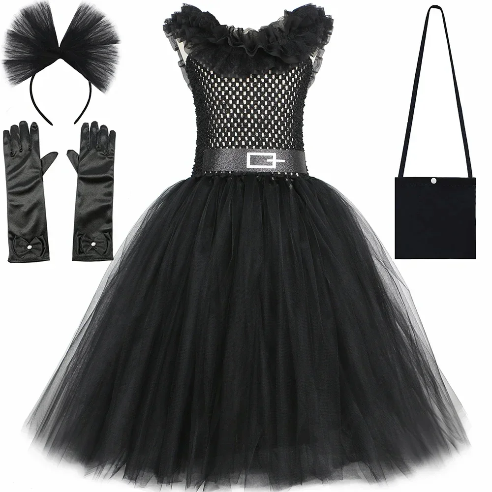 Girls Halloween Costume Gothic Black Wednesdays Tulle Tutu Dress Outfit Ankle-Lenth Toddler Kids Carnival Party Dress Up Clothes