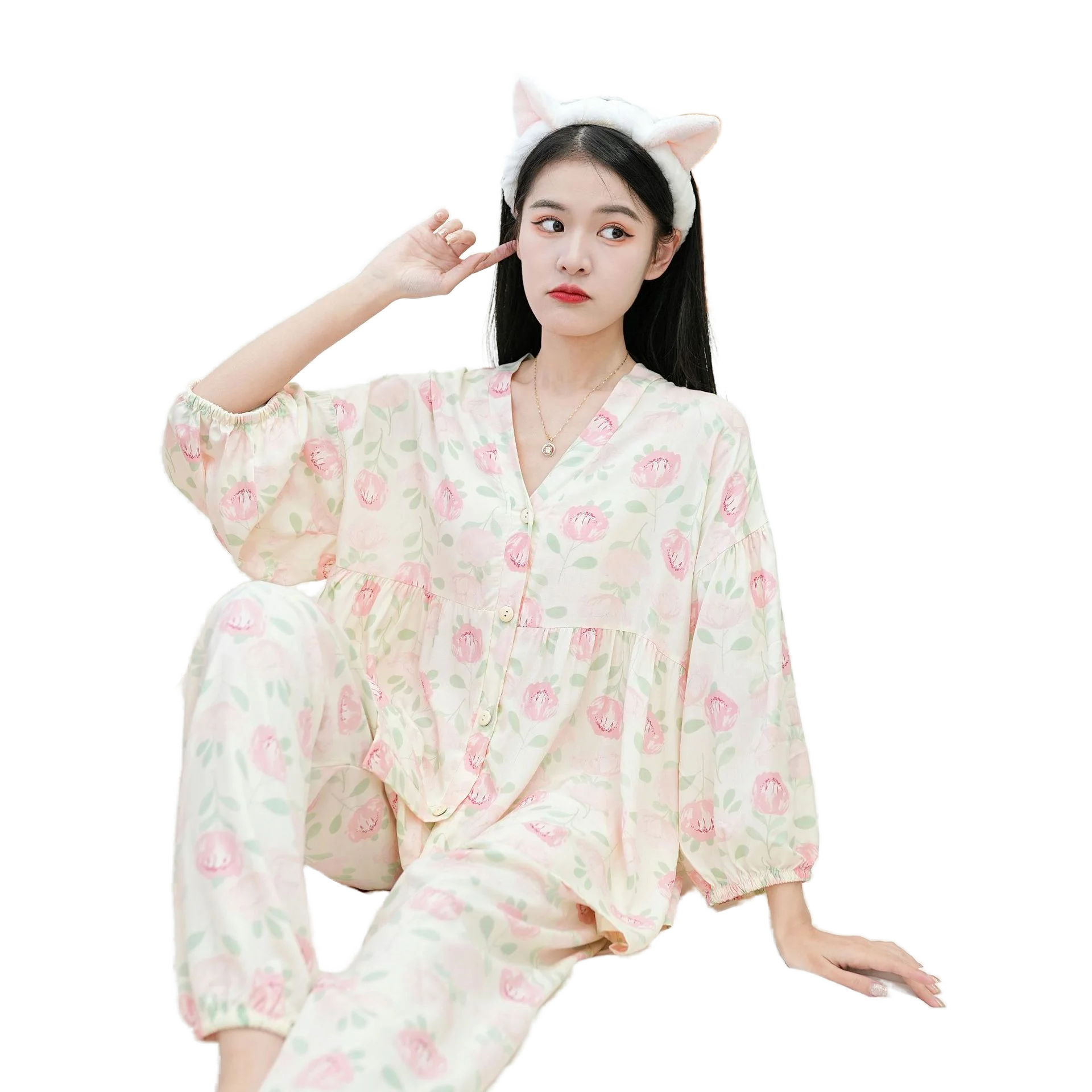 

Black Bow Pattern Pink Peaches Green Three Quarter Sleeves V-Neck Comfortable Breathable Sweet Cute Home wear Suit Sleepwear