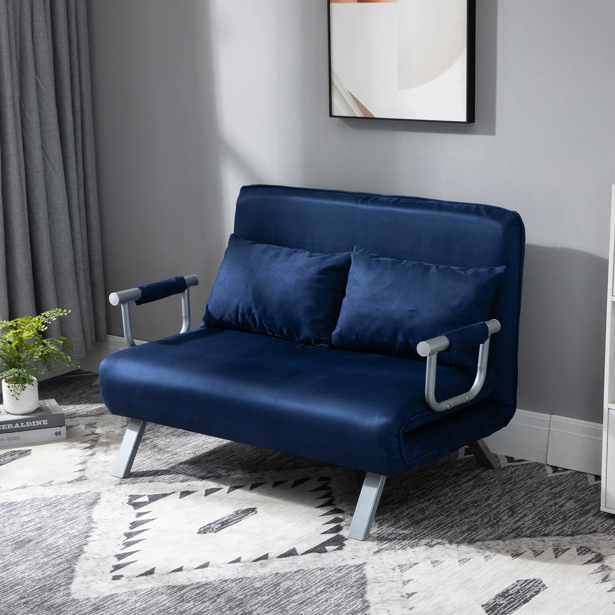 HOMCOM 3 in 1 Schlafsofa 185x105cm Schlafcouch mit 5-stufig Verstellbarer Rückenlehne, Wurfkissen, 2 Sitzer Sofa mit Schlaffunktion, Samtoptik, Chaiselounge für Wohnzimmer, Schlafzimmer, HellgrauBlau