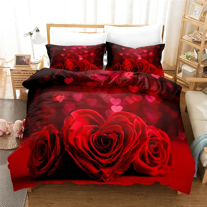 

3D Red Rose Bedclothes Duvet Cover Bed Sets For Double Marriage Wedding Bedroom Bedding Set King Valentine's Day Quilt Cover Set