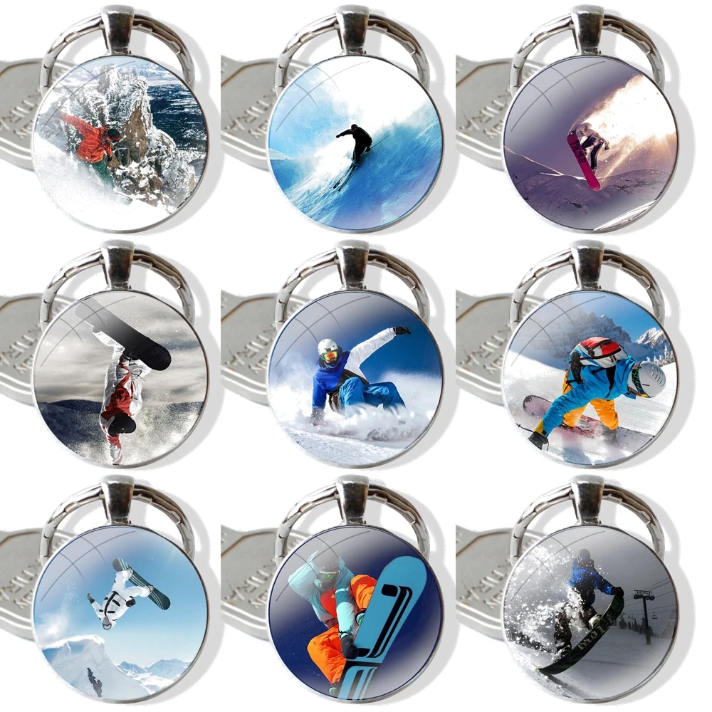 Snowboard Sport Keychain Handmade Glass Cabochon Key Ring Holder Pendant Key Chains