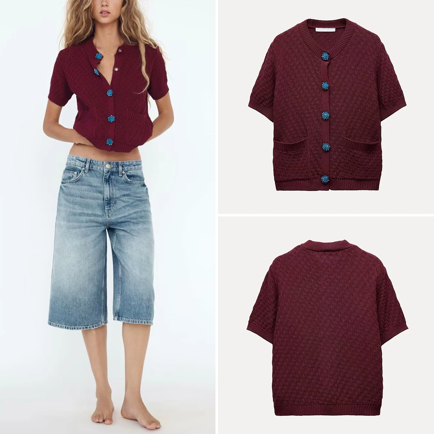 

Z2202, осенний новый женский вязаный свитер с ювелирными изделиями ort Sve, европейский круглый кардиган обычной длины