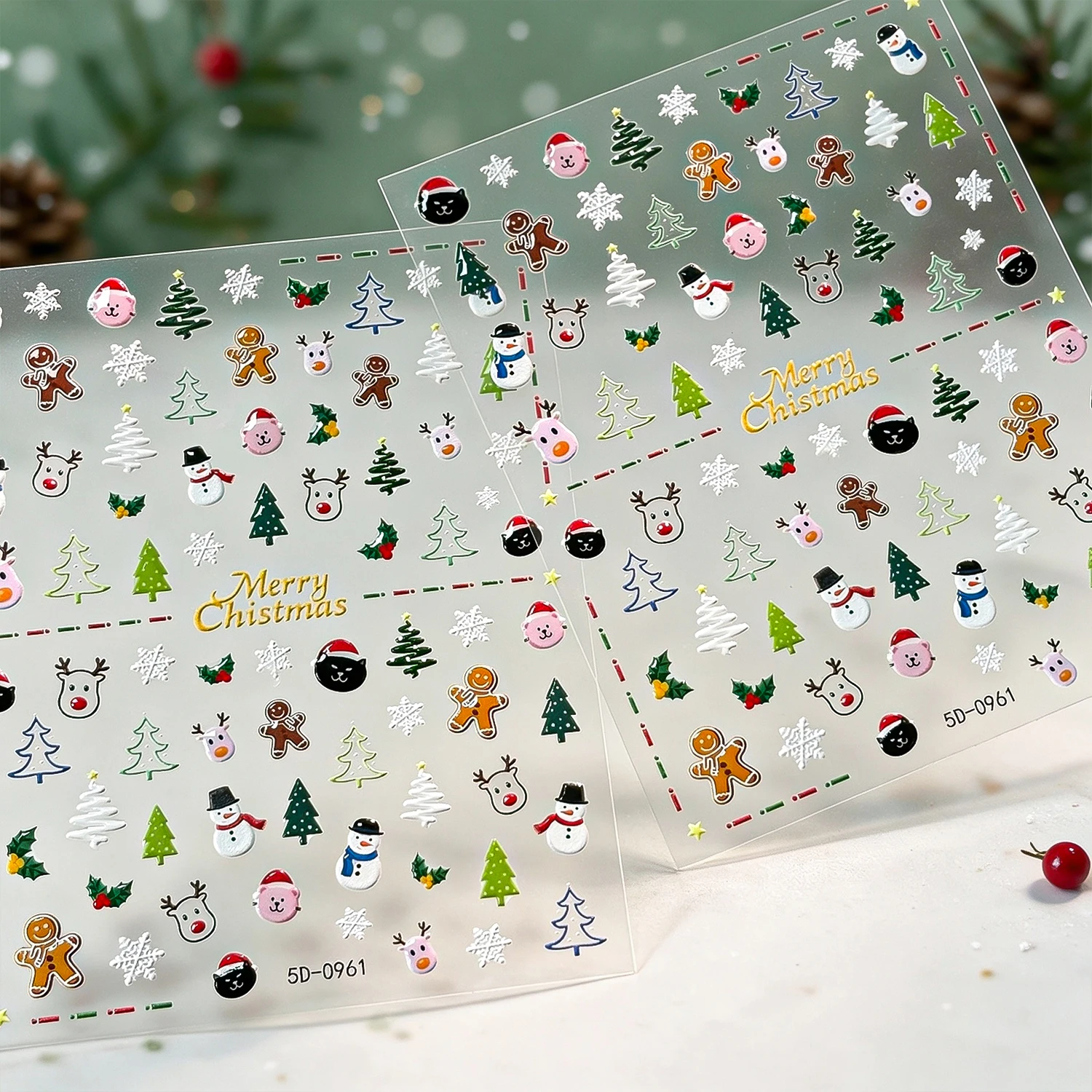 1PC 5D Christmas Nail Stickers Cartoon Gingerbread Man Elk Santa Snowflake Xmas Tree Nail Decals Winter Holiday Party Manicure *