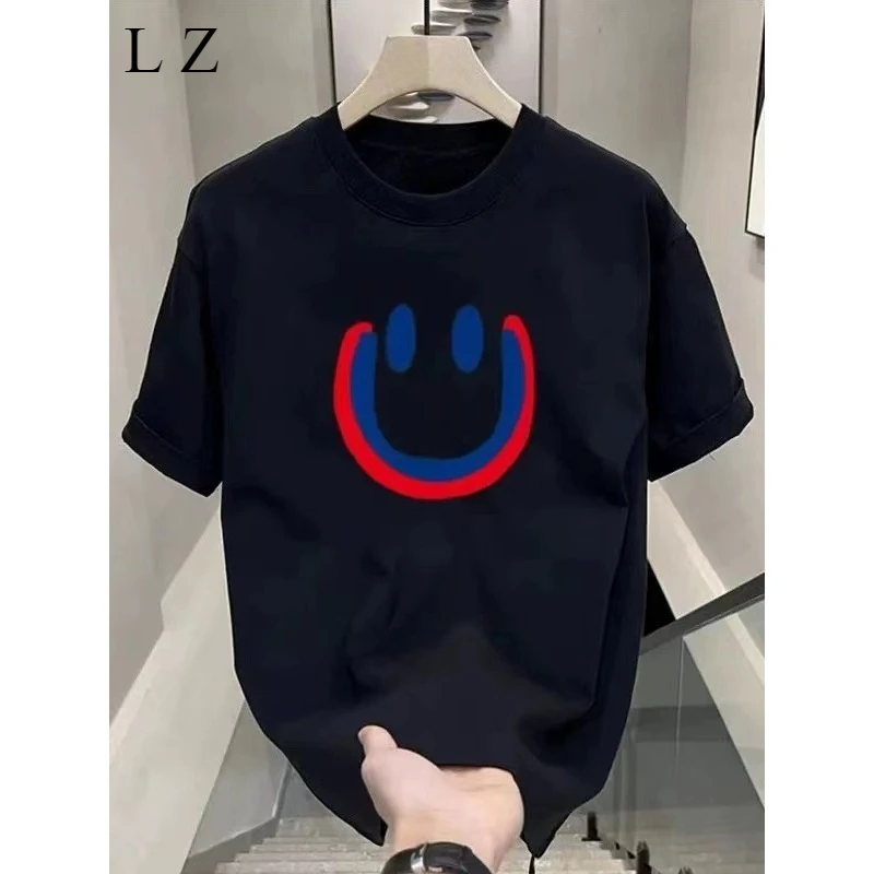 

Motorcycle smiley face versatile T-shirt men's and women's loose crew neck street style casual half-sleeved crew neck top