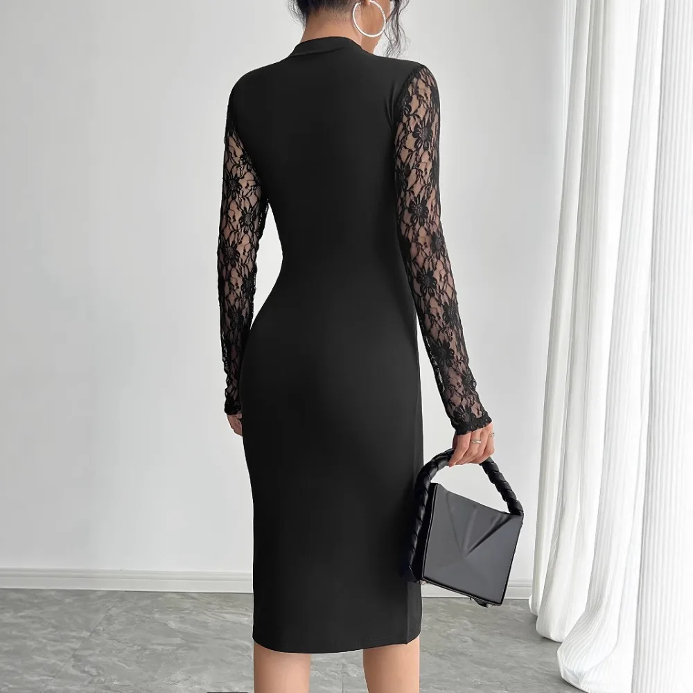 Abito aderente trasparente in pizzo a maniche lunghe da donna autunno 2025 Abiti da sera da sera da club per feste con spacco laterale sottile sexy