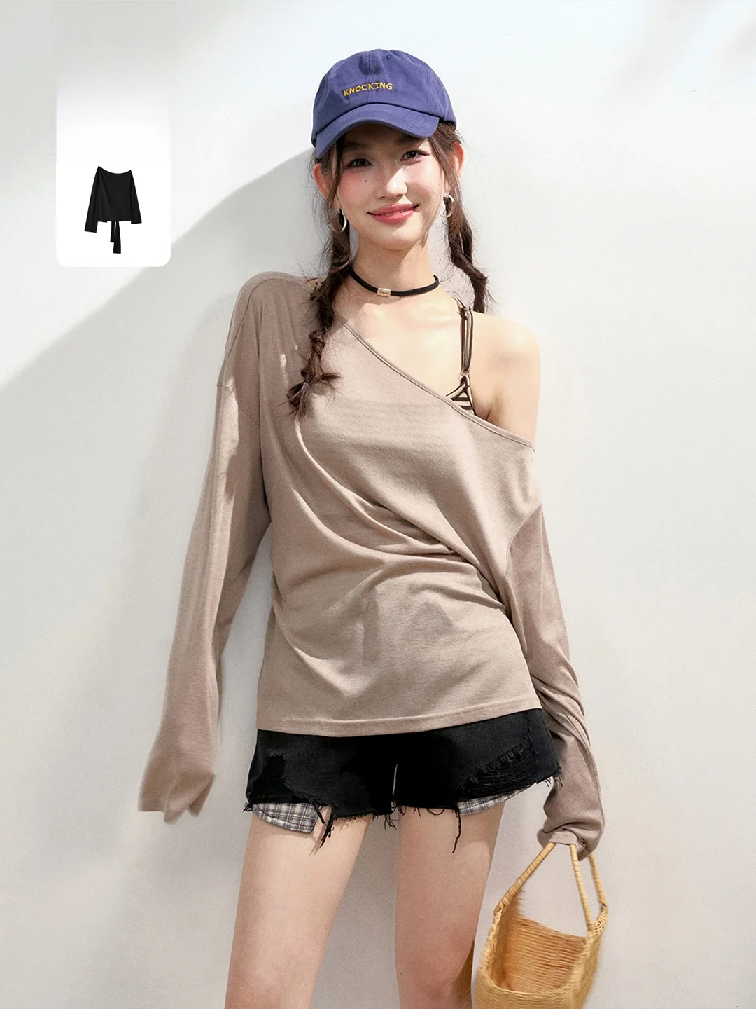 

Loose Long Sve Women's T-irt 6DEWS Comfortable Feeling oulder Bared Slanting Sun Protection Cover up Commute Sle