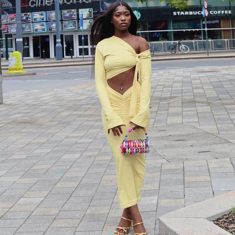Solid Color Slim-fit Women's Outfit With Exposed Midriff, Wrap-bust Dress Set, Asymmetrical One-shoulder Long-sleeve Two-piece