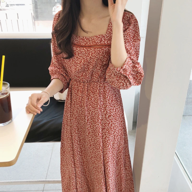 Chique lente vintage zoete vierkante kraag met bloemmotief, slanke pasvorm, lange mouwen, Koreaanse stijl, hoge taille