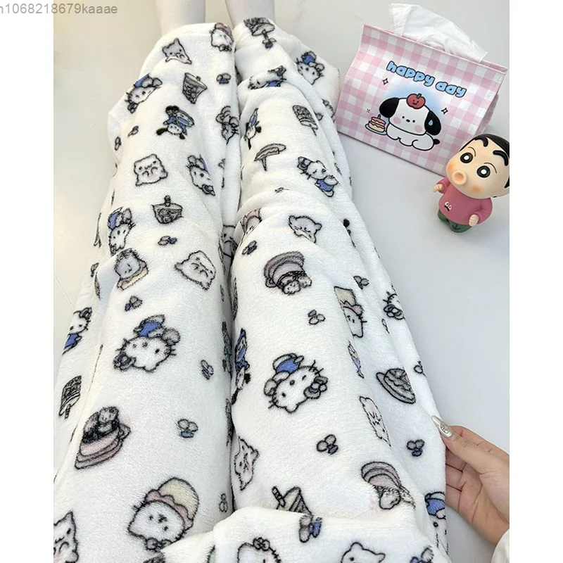 Sanrio Hello Kitty Women\'s Winter Flannel Sleep Pants New Thick Warm Casual Home Pants Sweet Girl Cartoon Fashion Pajama Pants