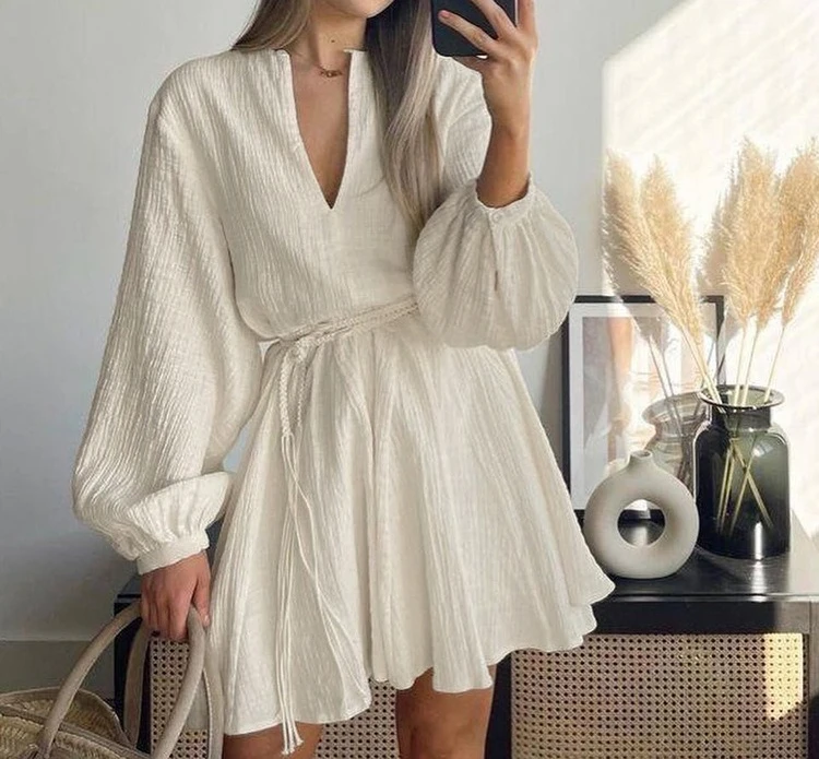 

Women's 2025 New Cotton Breathable Wrinkled Fabric White A-line Skirt Round Neck Long Sleeved Lace Up Lazy Dress