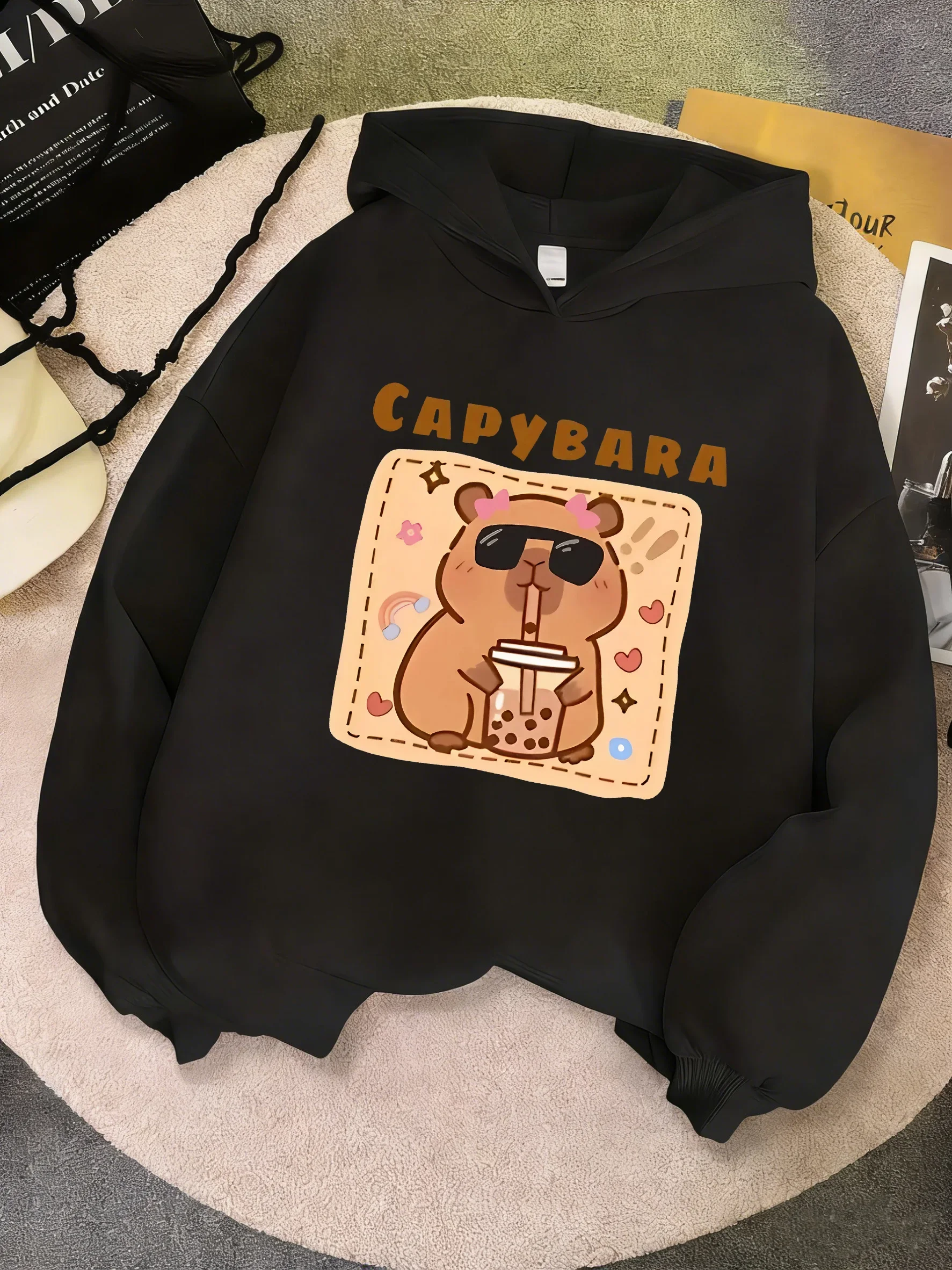 Funny Capybara Drinking Juice Children's Hoodie Sweatshirt Cute Hoody for Boys Girls Autumn Spring Casual Hoodies