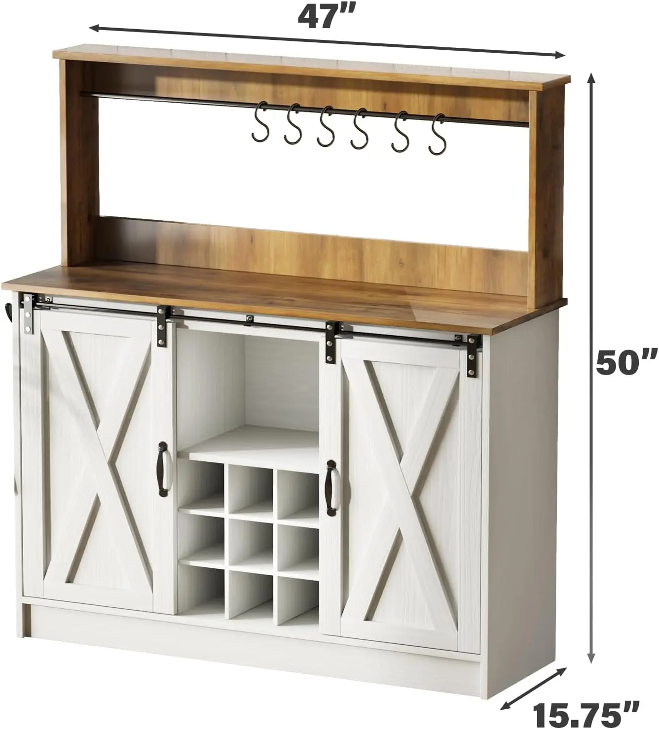 Mueble para cafetería de granja con 6 ganchos, cafetería de cocina de 47 pulgadas con aparador y 9 estantes para guiños, mesa de centro blanca con deslizamiento