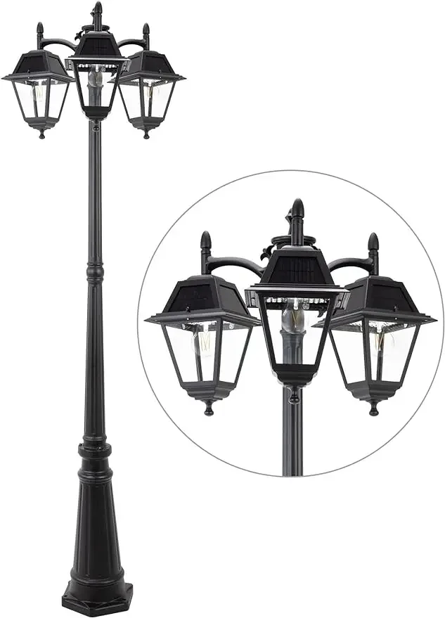 LUTEC-Outdoor Solar Post Light, Black Pole Lamp, 600 Lumen, Waterproof, Outside Street Light, Bulbs Included, Dusk to Dawn