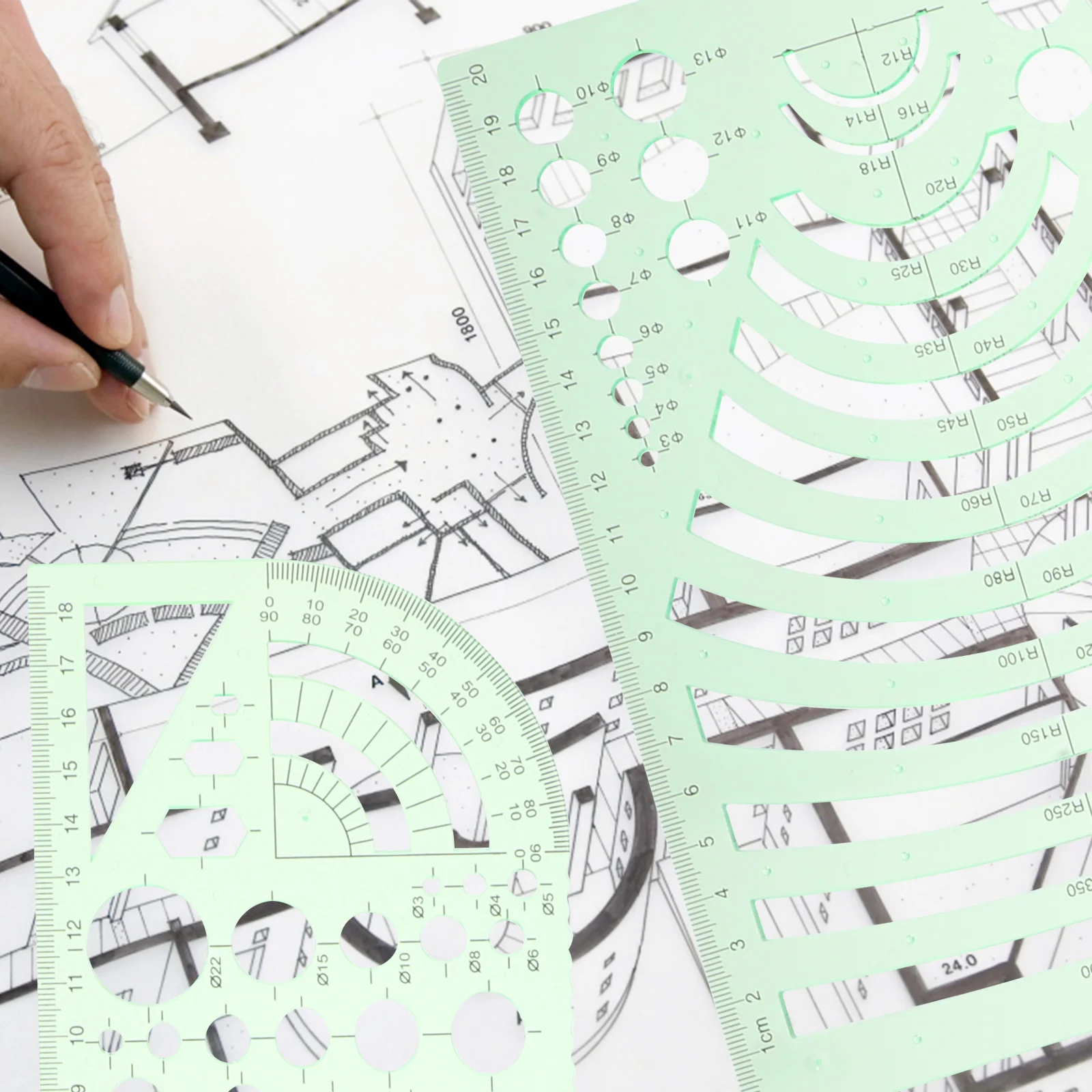 1 세트 드로잉 템플릿 세트 녹색 기하학적 스텐실 건축 도구 플라스틱 자 원형 템플릿 투명 도면용
