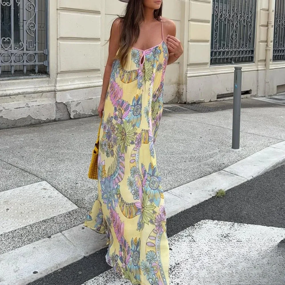 KONDALA Sexy Floral Print Chiffon Print Loose Dress Women Cami Loose Beach Dress Fashion 2025 Summer Backless Female Dress
