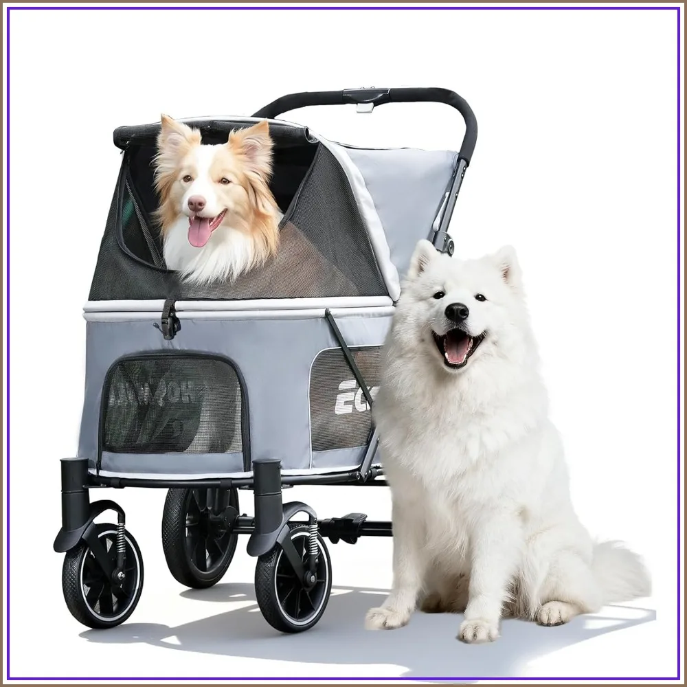 Extra Large Dog Stroller for Heavy Dogs up to 135lbs, 4-Wheel Pet Carrier with Brakes, Breathable Mesh Windows, Gray