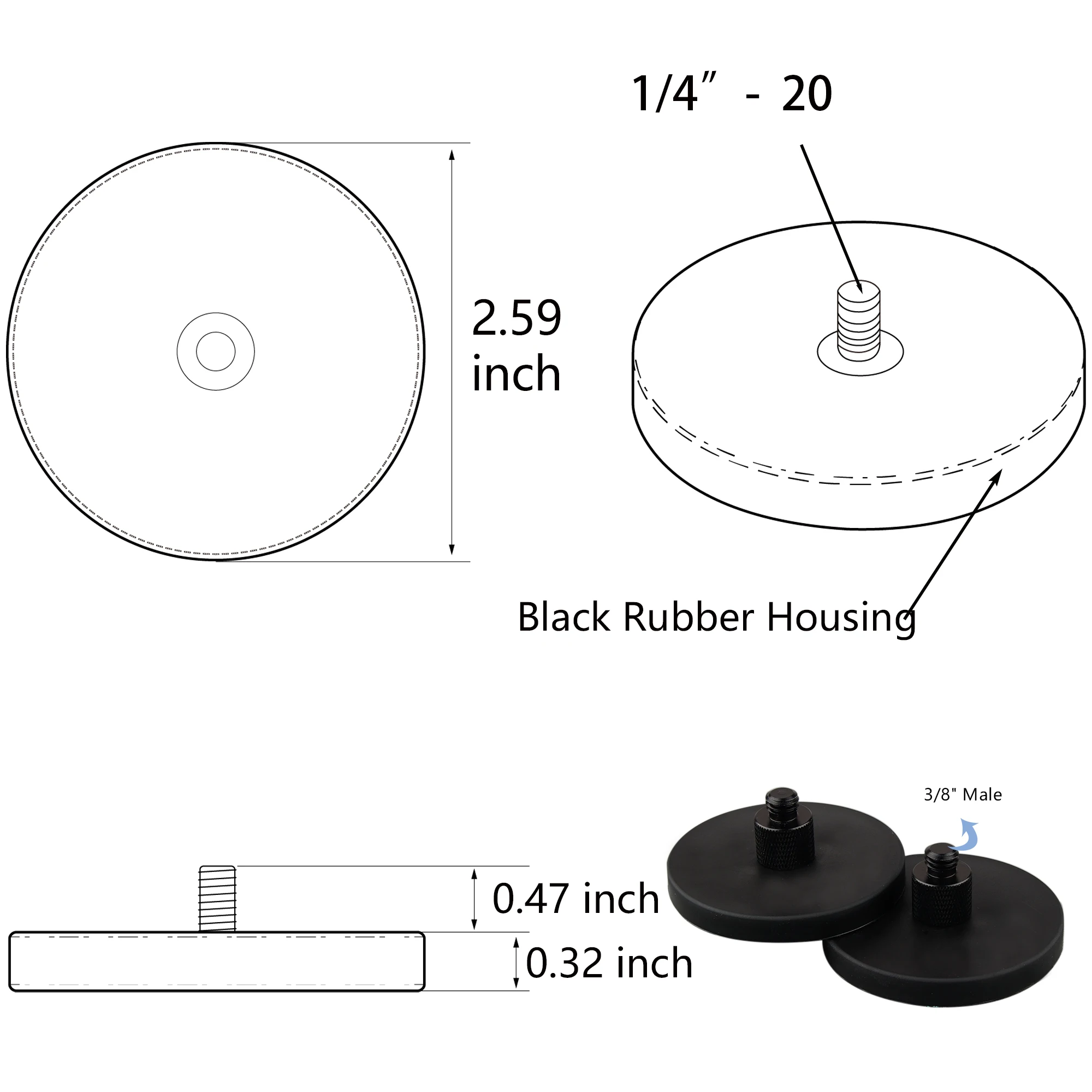 55lb Base magnetica al neodimio montaggio magnetico rivestito in gomma da 1/4 \'\'a 3/8\'\' fotocamera con foro filettato maschio/illuminazione a