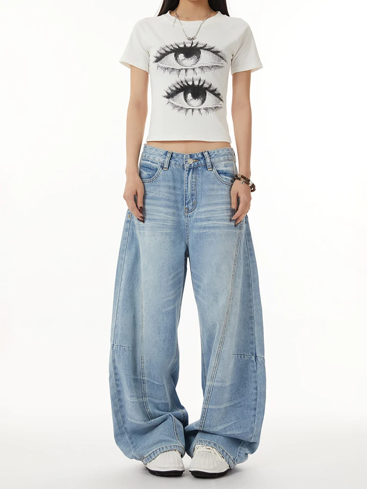 

Light Blue Lazy Style Wide Leg Denim Jeans Women's American Retro High Street Spicy Washed Slimming Knife Pants