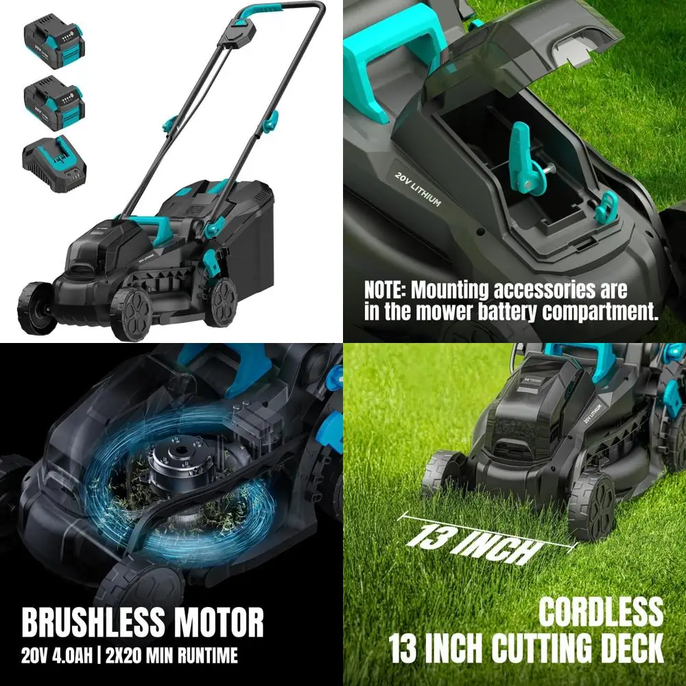 Kabelloser elektrischer Rasenmäher mit bürstenlosem 20-V-Motor, 13,2 Zoll, 5-Höhen-Einstelloptionen, 2 x 4,0 Ah Batterie im Lieferumfang enthalten