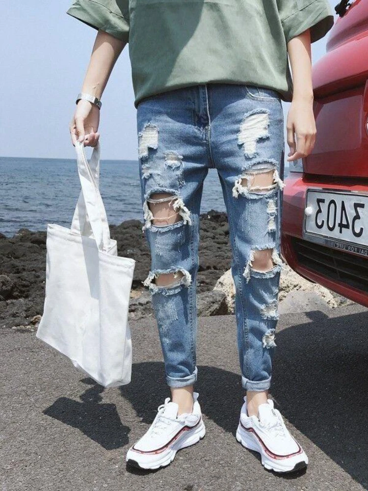 Street Clothing Wide Leg Jeans Men's Straight Feet Long Trousers Jeans Y2k Men’s Jeans Ripped Men Clothing Denim cargo pants