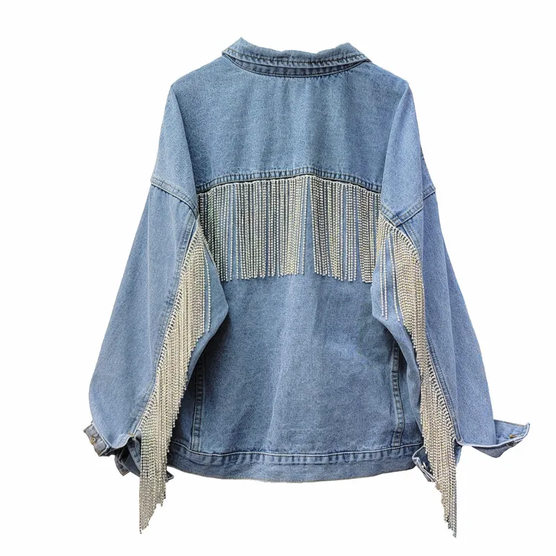 

Women Spring Diamonds Beads Tassels Denim Coat Rhinestones Fringed Loose Jeans Jacket Crystal Cowboy Bomber Cardigan 2024