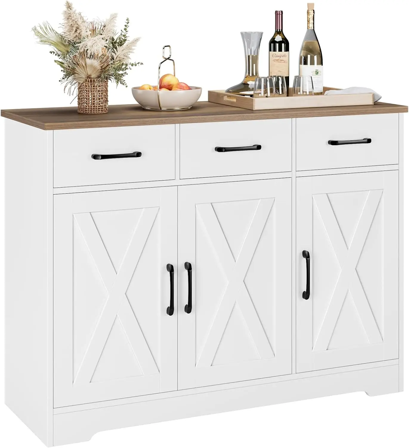 

HOSTACK Modern Farmhouse Sideboard Buffet Cabinet, Barn Doors Buffet Storage Cabinet with Drawers and Shelves,