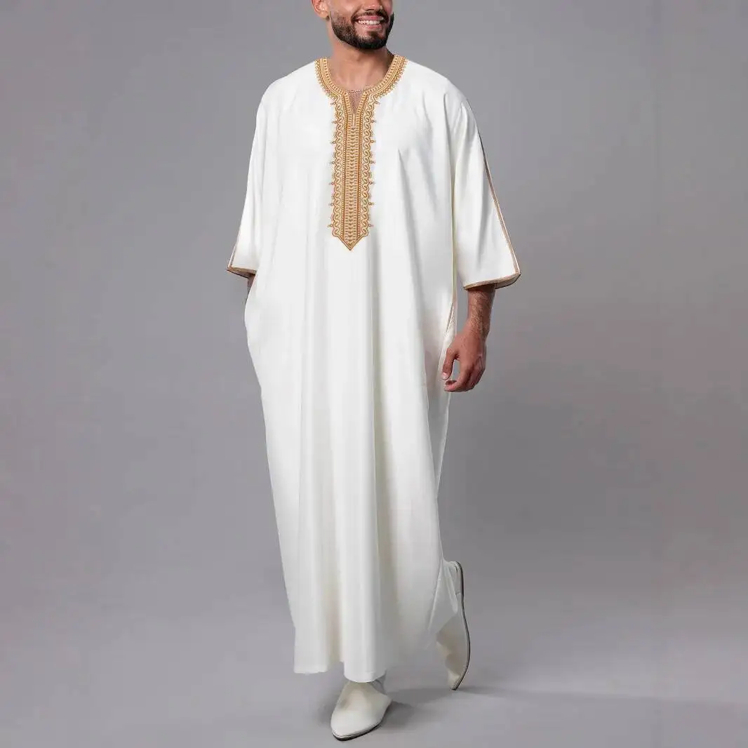 Nuovo abito musulmano ricamato a maniche lunghe con abito da uomo marocchino in stile etnico tasca laterale Ramadan Dubai lusso Islam elegante