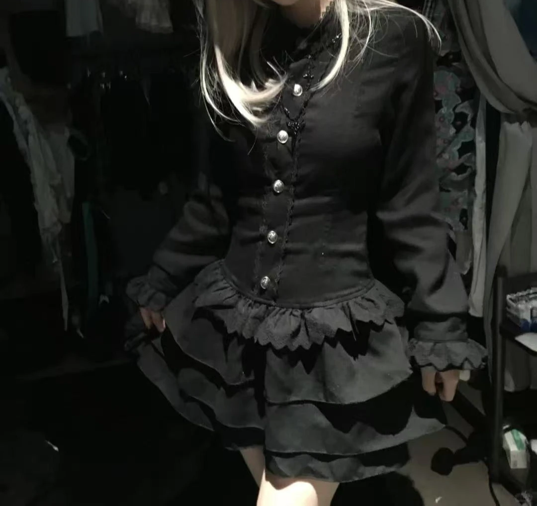 Y2k vintage gótico em camadas de renda mini vestido rua elegante preto lolita magro vestido de manga longa doce legal escuro roupas femininas