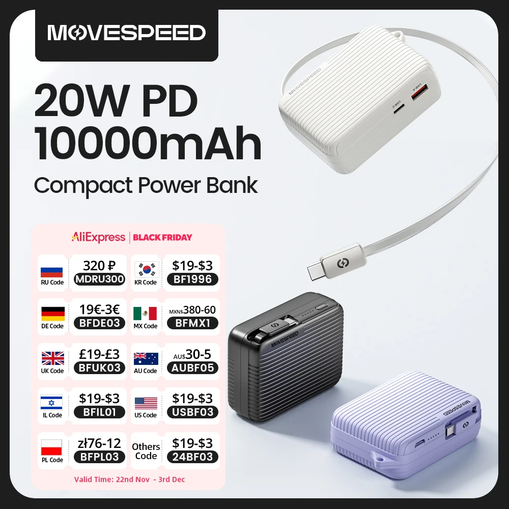 MOVESPEED P09 Mini Power Bank 10000mAh 22.5W Fast Charge Built-in Type C Cable Portable Battery for iPhone 16 15 iPad Galaxy S24