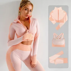 Seamless 2/3PCS donna Yoga Set allenamento abbigliamento sportivo abbigliamento da palestra Fitness manica lunga Crop Top + Leggings a vita alta tute sportive