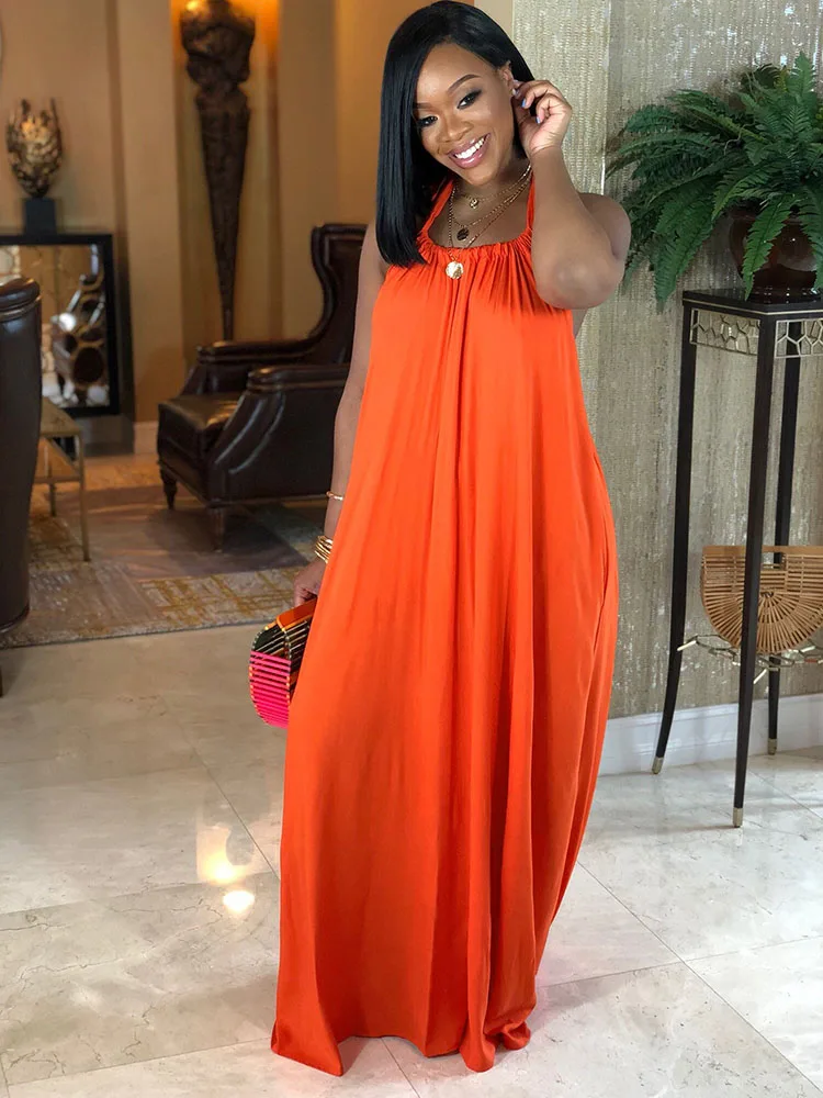 

Платье женское длинное с открытой спиной, пикантное элегантное свободное ТРАПЕЦИЕВИДНОЕ Клубное с лямкой на шее, без рукавов, с оборками и карманами, Халат