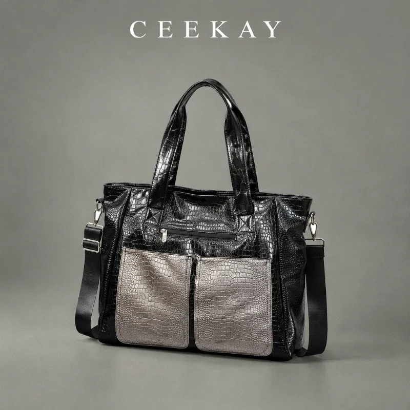 CEEKAY Crocodile Pattern Tote Bag Double Handle Front Zip Pocket Twin Pouch All-Match Daily Wear Spacious Elegant for Women