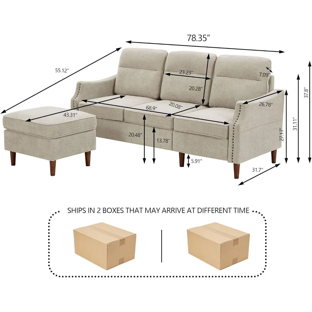 78'' Convertible 3 Seater L Shaped Couch Modern Sectional Sofa With Reversible Chaise and Storage Bags Home Furniture Beige Bed