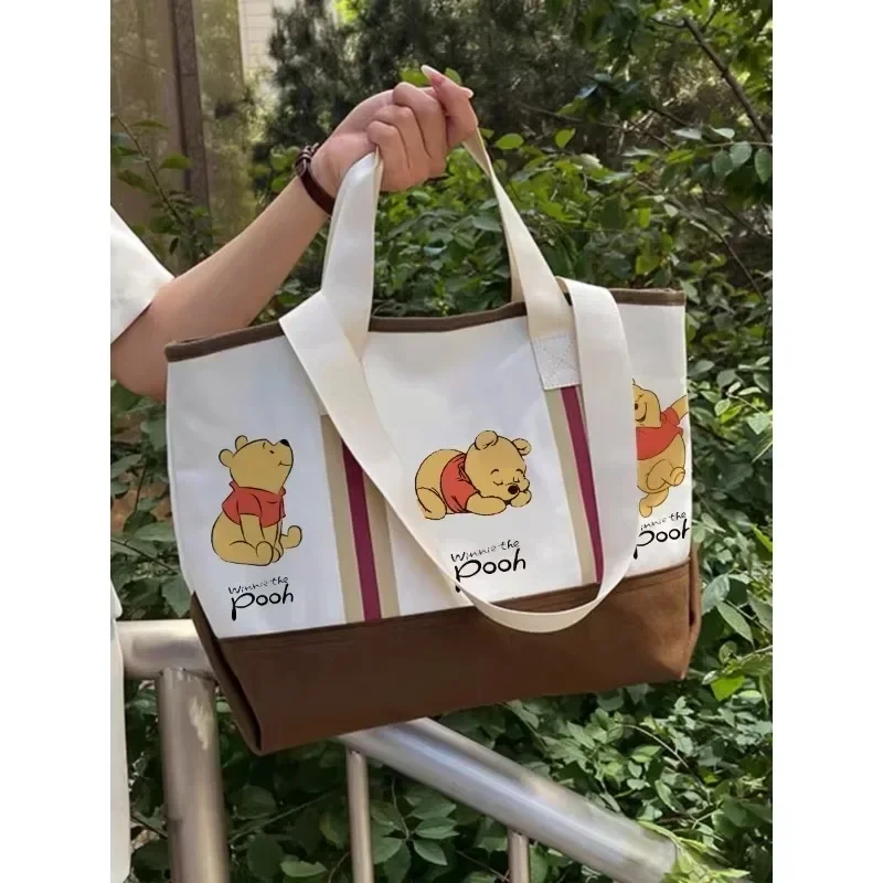 Disney Retro Canvas Handbag Kawaii Winnie The Pooh Large Cartoon Print Personality Temperament Fashion Shoulder Bag Shopping Bag