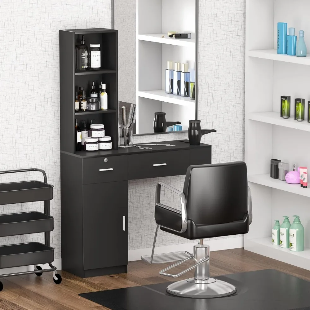 

Wall Mounted Hair Salon Station with Three Shelves, Hair Salon Spa Equipment with Storage and Cabinets