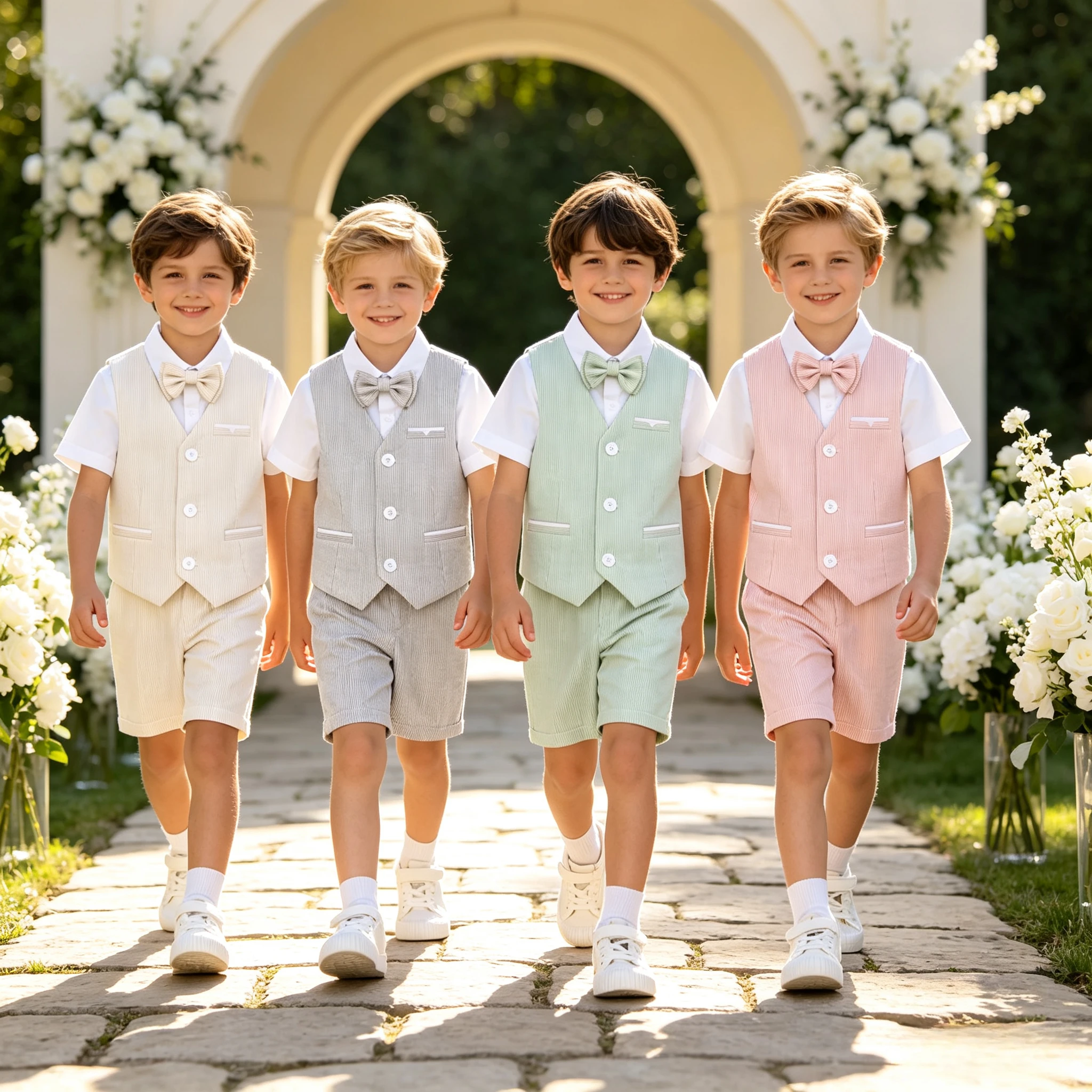 Toddler Boys Striped Summer Suit Set Vest Short Sleeve Shirt Shorts Bow Kids Page Boy Birthday Wedding Flower Boy Formal Outfit