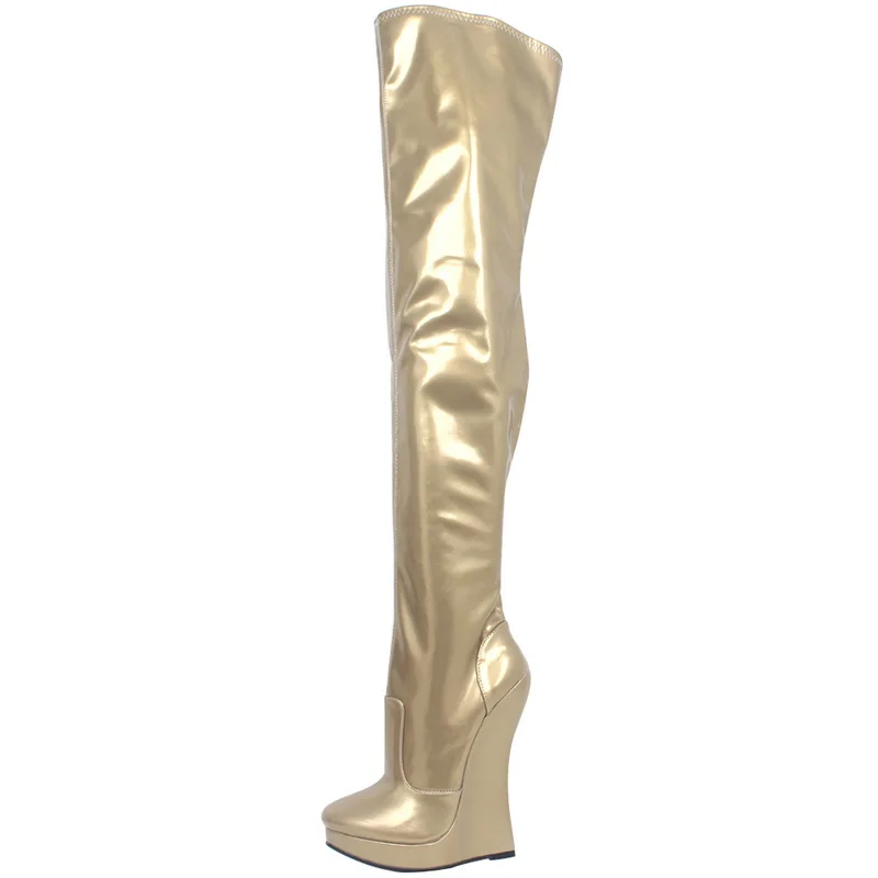 

CACA Women Wedges Thigh High Boots,Men Cosplay Shoes,Stage Show Fetish Booties,Night Club Botas,18cm,Gold,RED,Customized Colors