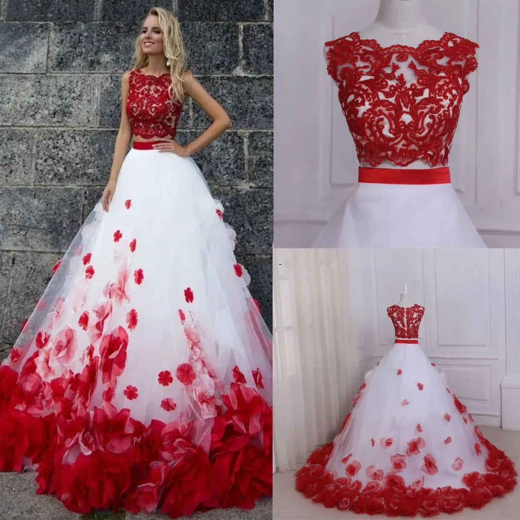 Red And White Ball Gown Prom Dresses Two Pieces New Cheap Jewel Neck Lace Applique 3D Floral Flowers Tulle Long Evening Formal D