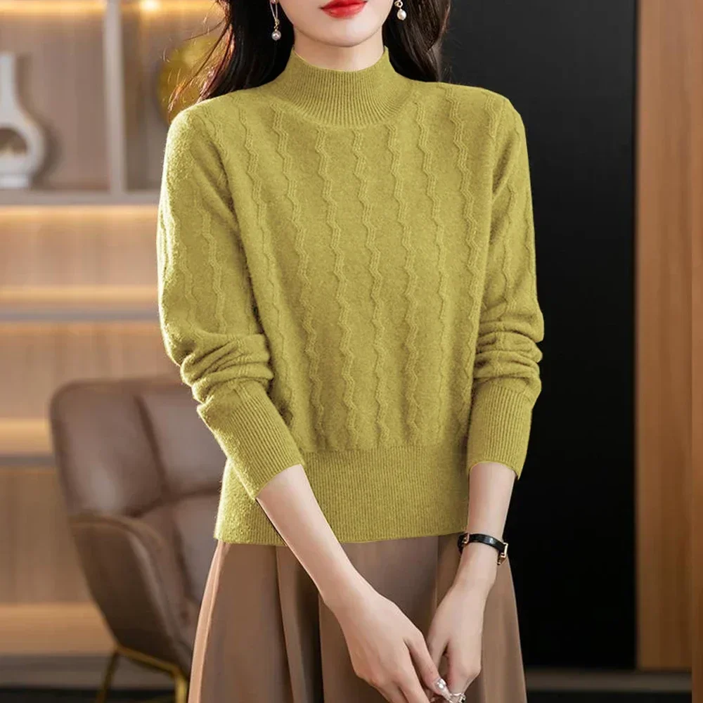 Sweter S-2XL musim dingin, atasan Sweater Pullover wanita lengan panjang kerah setengah tinggi rajut kasual Turtleneck tebal, Sweater musim gugur musim dingin