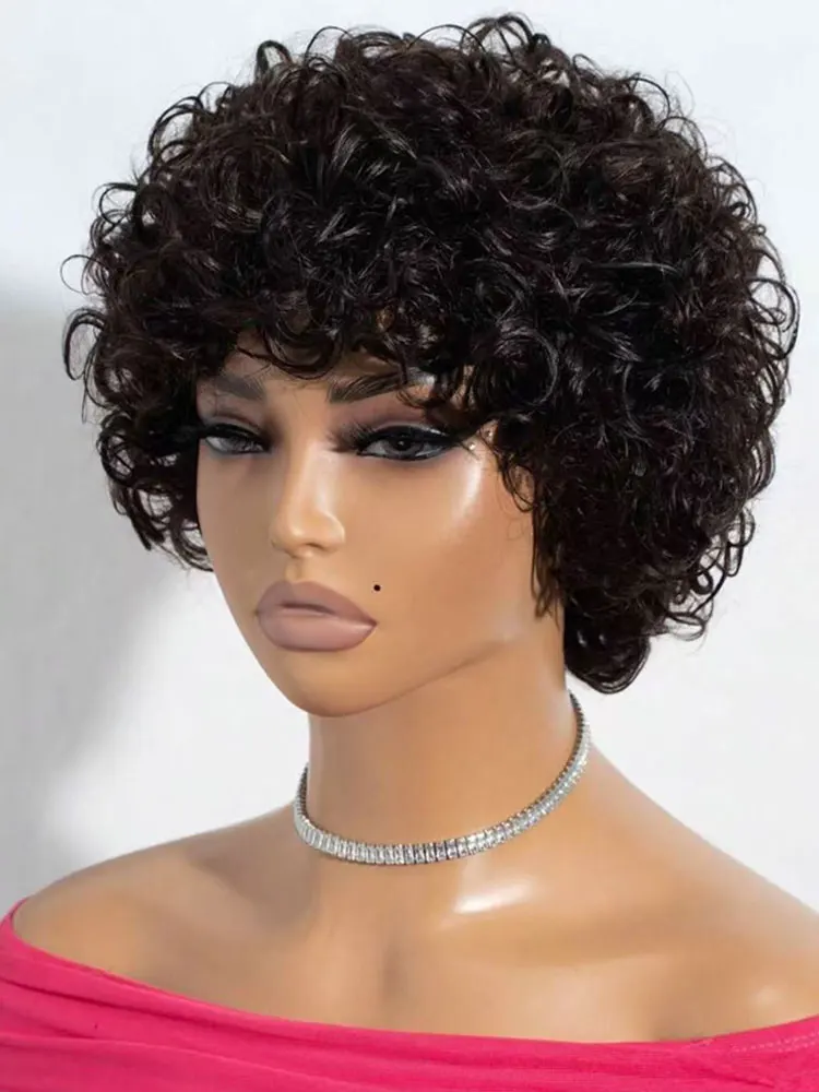 

Короткие кудрявые парики из натуральных человеческих волос с челкой, 6 дюймов, бразильские афро-кудрявые парики, машинная работа, короткая стрижка пикси